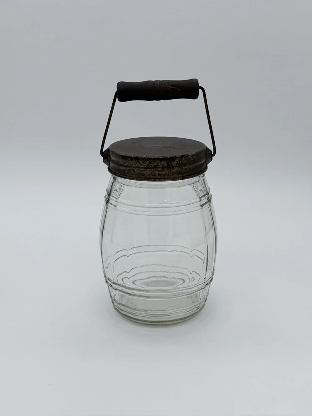 Vintage Rustic Barrel Jar With Metal Lid & Wood Handle Pickle Canister
